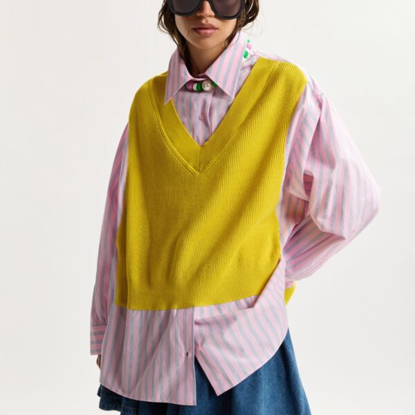 Light Pink And Light Blue Knit-Panel Oversized Shirt - Essentiel Antwerp Tops - Colorful Belgian Design - Shop at Coveti