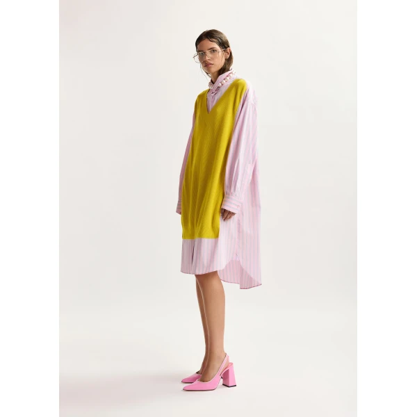 Essentiel Antwerp Yellow, Light Pink And Light Blue Knit-Panel Oversized Shirt Dress, view 2