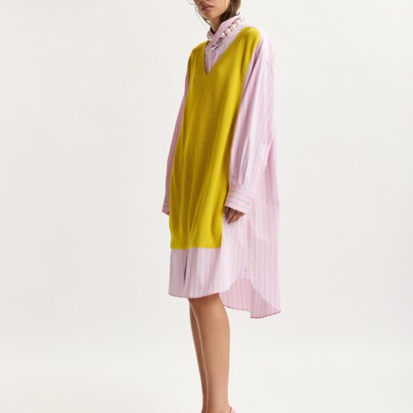 Light Pink And Light Blue Knit-Panel Oversized Shirt Dress - Essentiel Antwerp Dresses - Colorful Belgian Design - Shop at Coveti