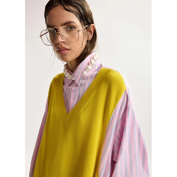 Essentiel Antwerp Yellow, Light Pink And Light Blue Knit-Panel Oversized Shirt Dress, view 4