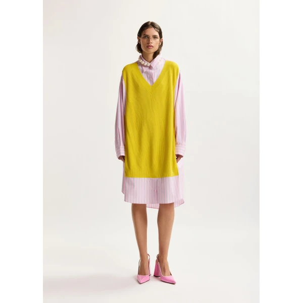 Essentiel Antwerp Yellow, Light Pink And Light Blue Knit-Panel Oversized Shirt Dress, view 5