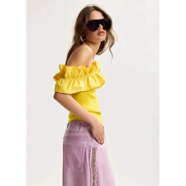 Essentiel Antwerp Yellow Off-Shoulder Knit Top With Ruffle Trim, view 3