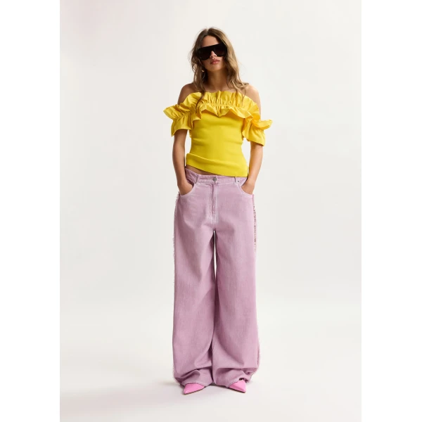 Essentiel Antwerp Yellow Off-Shoulder Knit Top With Ruffle Trim, view 5