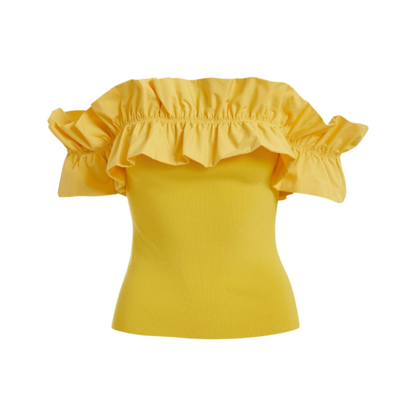 Essentiel Antwerp Yellow Off-Shoulder Knit Top With Ruffle Trim - Essentiel Antwerp Tops - Colorful Belgian Design - Shop at Coveti