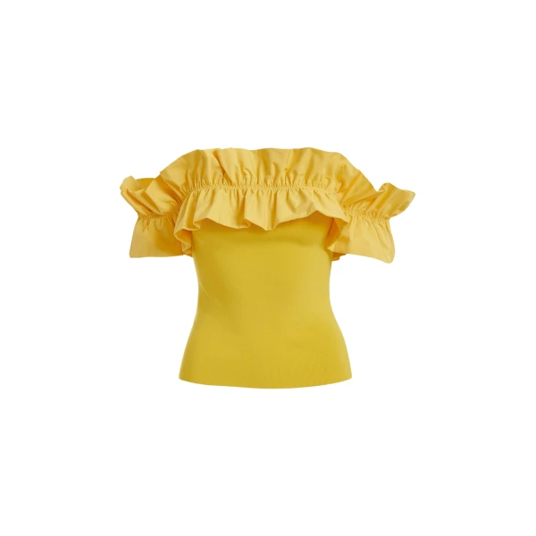 Essentiel Antwerp Yellow Off-Shoulder Knit Top With Ruffle Trim - Essentiel Antwerp Tops - Colorful Belgian Design - Shop at Coveti