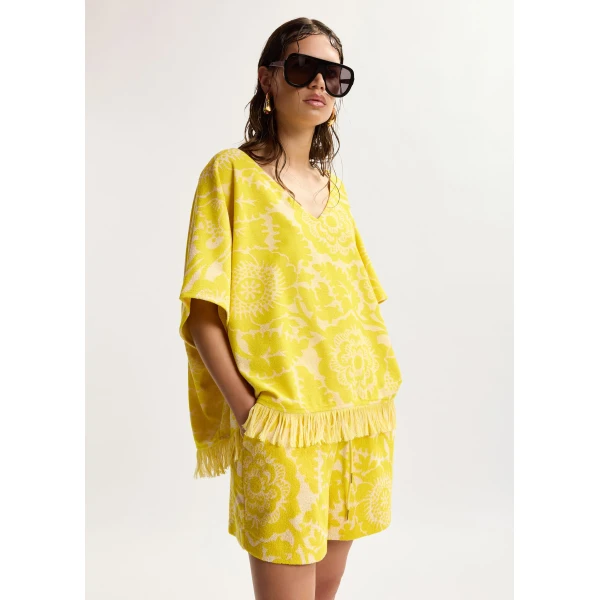Essentiel Antwerp Yellow Textured Floral Jacquard Cotton-Blend Top With Fringed Trims, view 2