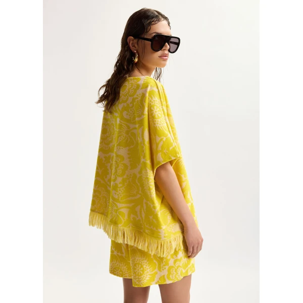 Essentiel Antwerp Yellow Textured Floral Jacquard Cotton-Blend Top With Fringed Trims, view 5
