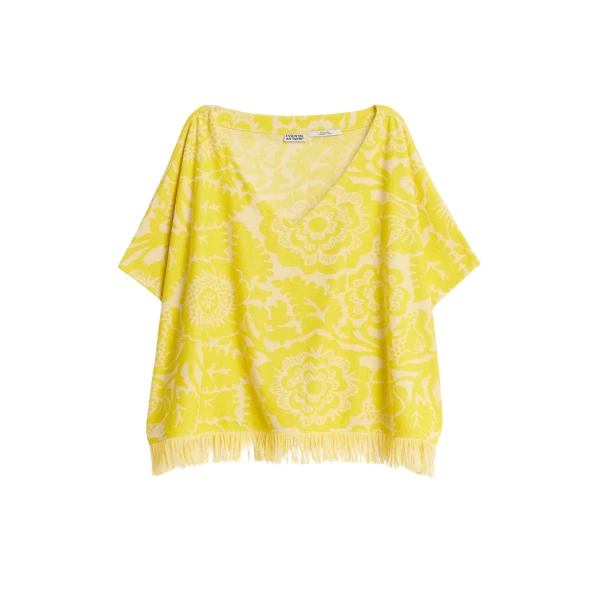 Essentiel Antwerp Yellow Textured Floral Jacquard Cotton-Blend Top With Fringed Trims - Essentiel Antwerp Tops - Colorful Belgian Design - Shop at Coveti