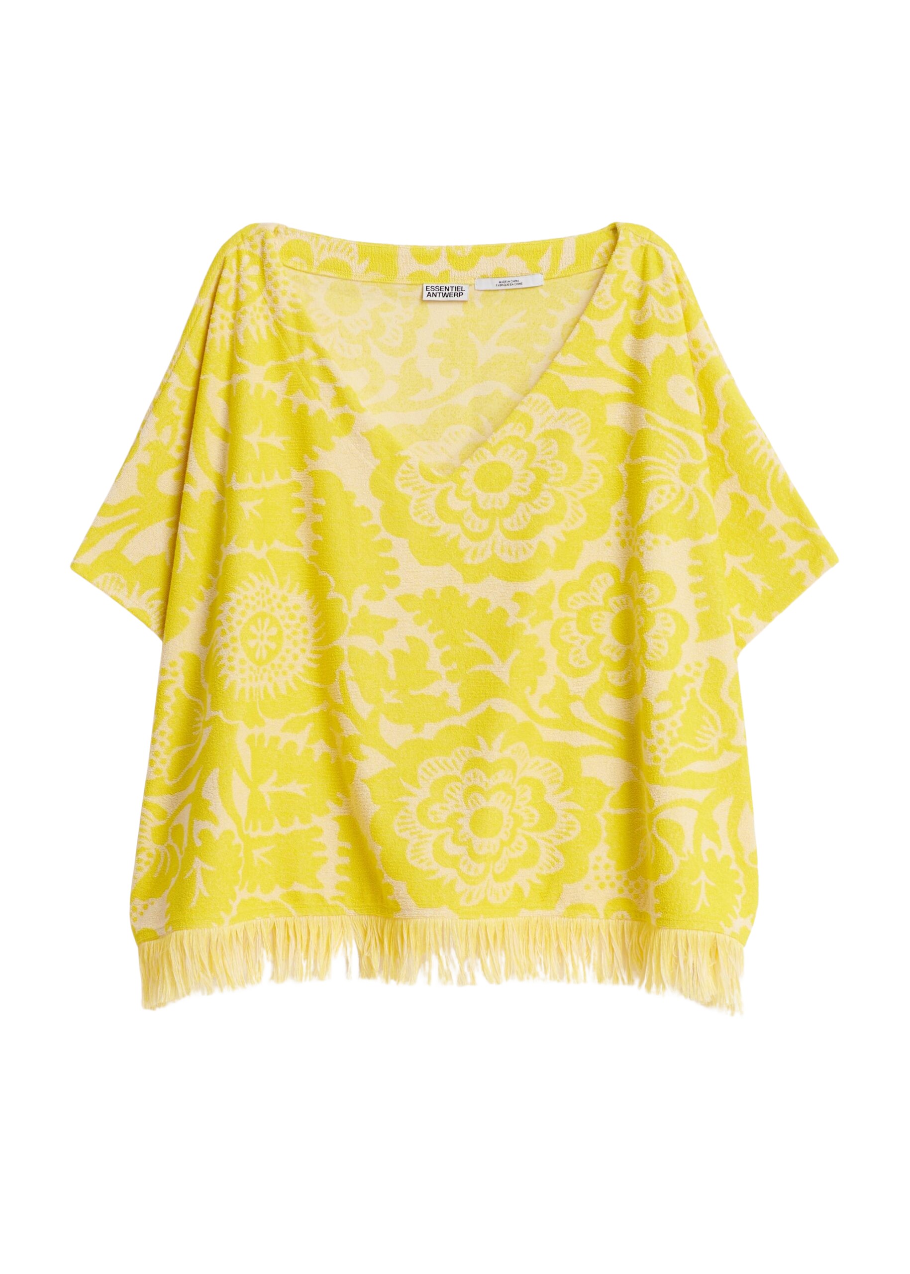 Essentiel Antwerp Yellow Textured Floral Jacquard Cotton-Blend Top With Fringed Trims - Essentiel Antwerp Tops - Colorful Belgian Design - Shop at Coveti