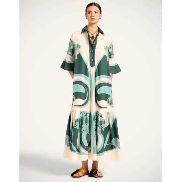 La DoubleJ Artemis Dress Blooming Tulip Placée Dark Green in Cotton Poplin - Dresses - Milanese Maximalist Fashion at Coveti