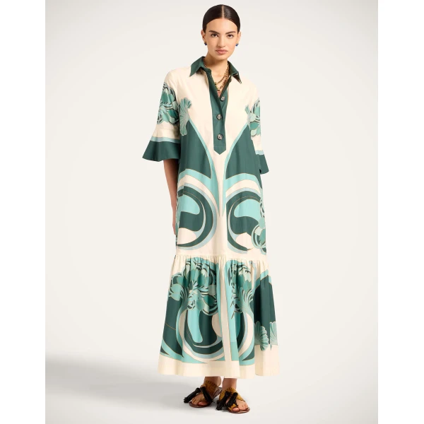 La DoubleJ Artemis Dress Blooming Tulip Placée Dark Green in Cotton Poplin - Dresses - Milanese Maximalist Fashion at Coveti