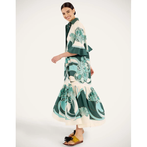 La DoubleJ Artemis Dress Blooming Tulip Placée Dark Green in Cotton Poplin - Dresses - Milanese Maximalist Fashion at Coveti