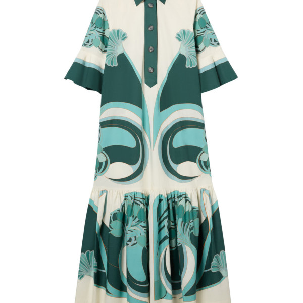 La DoubleJ Artemis Dress Blooming Tulip Placée Dark Green in Cotton Poplin - Dresses - Milanese Maximalist Fashion at Coveti
