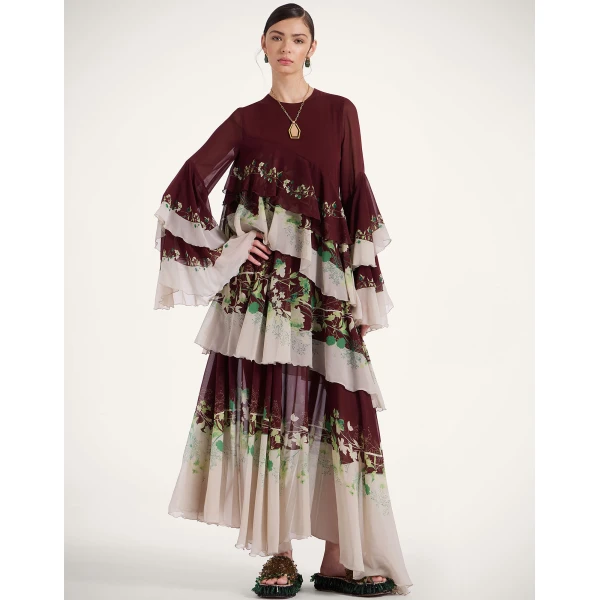 La DoubleJ Chemise Swing Dress Florette Fan Brown in Silk Twill - Dresses - Milanese Maximalist Fashion at Coveti