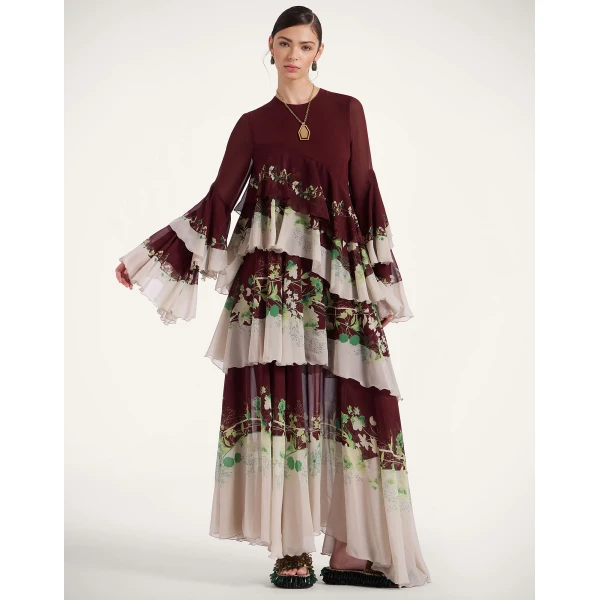 La DoubleJ Chemise Swing Dress Florette Fan Brown in Silk Twill - Dresses - Milanese Maximalist Fashion at Coveti