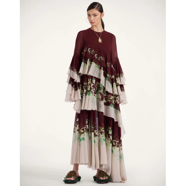La DoubleJ Chemise Swing Dress Florette Fan Brown in Silk Twill - Dresses - Milanese Maximalist Fashion at Coveti