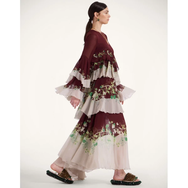 La DoubleJ Chemise Swing Dress Florette Fan Brown in Silk Twill - Dresses - Milanese Maximalist Fashion at Coveti