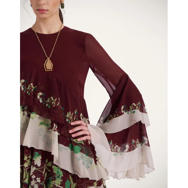 La DoubleJ Chemise Swing Dress Florette Fan Brown in Silk Twill - Dresses - Milanese Maximalist Fashion at Coveti