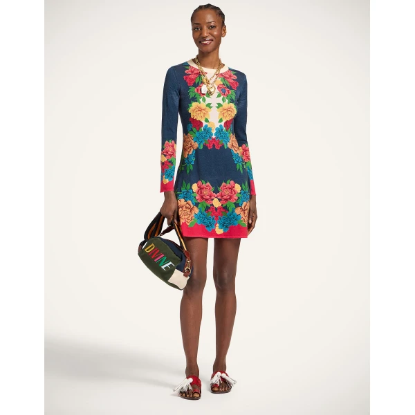 La DoubleJ Knit Long Sleeve Mini Swing Dress Queen Peony Placée Blue in Wool Silk Blend - Dresses - Milanese Maximalist Fashion at Coveti