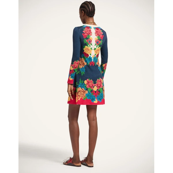 La DoubleJ Knit Long Sleeve Mini Swing Dress Queen Peony Placée Blue in Wool Silk Blend - Dresses - Milanese Maximalist Fashion at Coveti