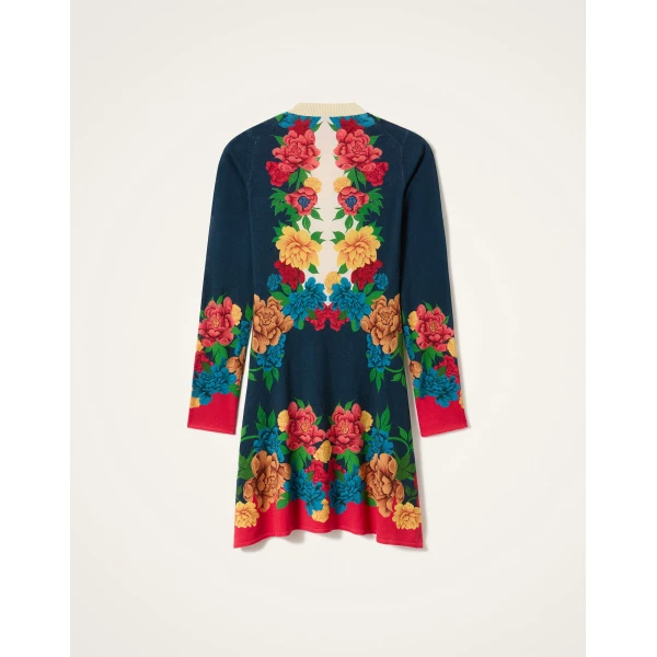 La DoubleJ Knit Long Sleeve Mini Swing Dress Queen Peony Placée Blue in Wool Silk Blend - Dresses - Milanese Maximalist Fashion at Coveti