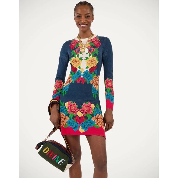La DoubleJ Knit Long Sleeve Mini Swing Dress Queen Peony Placée Blue in Wool Silk Blend - Dresses - Milanese Maximalist Fashion at Coveti
