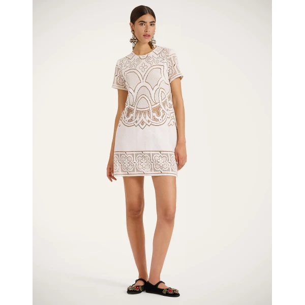 La DoubleJ Lacey Mini Swing Dress Solid White Smoke in Embroidered Cotton - Dresses - Milanese Maximalist Fashion at Coveti