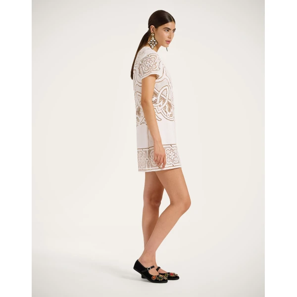 La DoubleJ Lacey Mini Swing Dress Solid White Smoke in Embroidered Cotton - Dresses - Milanese Maximalist Fashion at Coveti