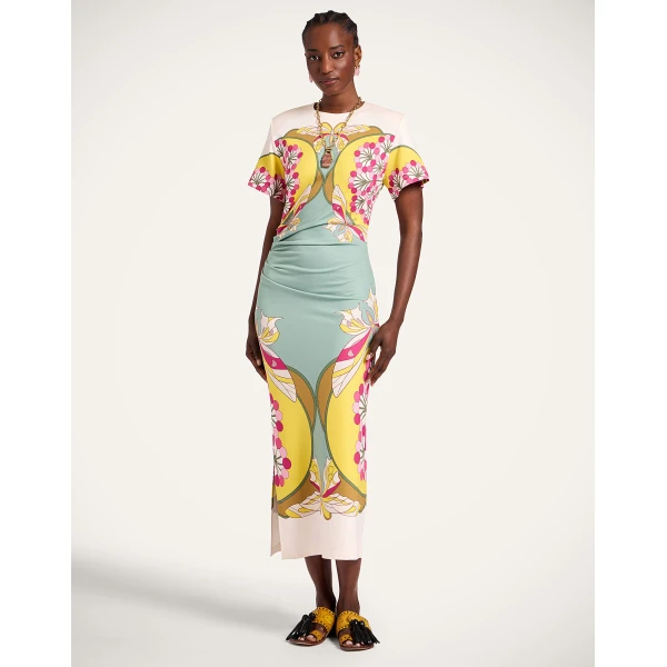La DoubleJ Lela Dress Florette Placée Fuchsia in Interlock Jersey - Dresses - Milanese Maximalist Fashion at Coveti