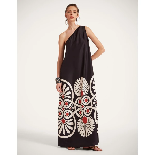 La DoubleJ Long Camerino Dress Blooming Tulip Placée Dark Green in Crepe De Chine - Dresses - Milanese Maximalist Fashion at Coveti
