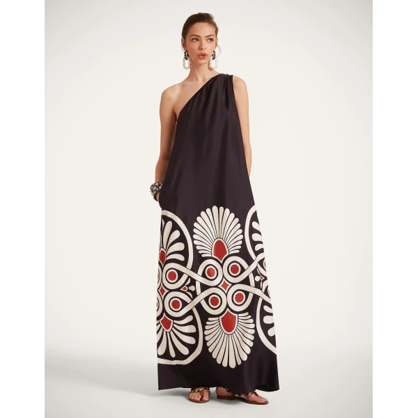 La DoubleJ Long Camerino Dress Blooming Tulip Placée Dark Green in Crepe De Chine - Dresses - Milanese Maximalist Fashion at Coveti