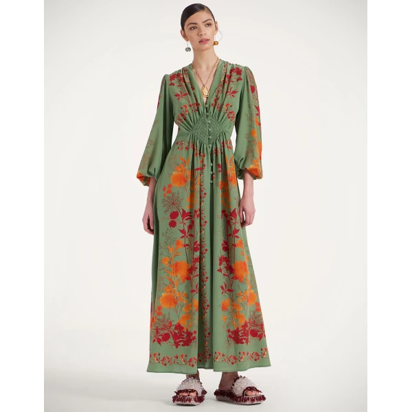 La DoubleJ Long Camerino Dress Woodland Placée Green & Orange in Crepe De Chine - Dresses - Milanese Maximalist Fashion at Coveti