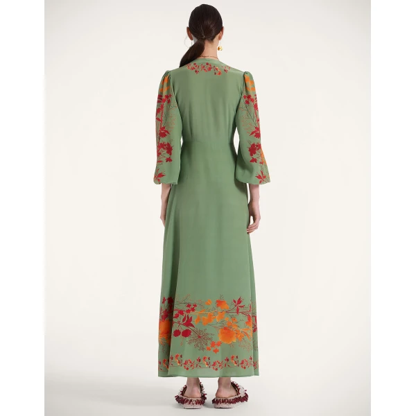 La DoubleJ Long Camerino Dress Woodland Placée Green & Orange in Crepe De Chine - Dresses - Milanese Maximalist Fashion at Coveti
