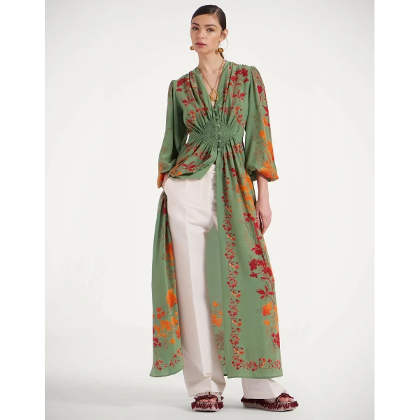 La DoubleJ Long Camerino Dress Woodland Placée Green & Orange in Crepe De Chine - Dresses - Milanese Maximalist Fashion at Coveti