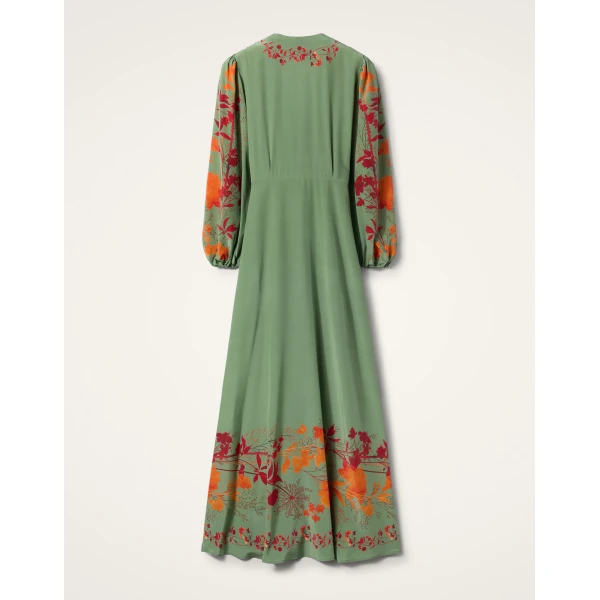 La DoubleJ Long Camerino Dress Woodland Placée Green & Orange in Crepe De Chine - Dresses - Milanese Maximalist Fashion at Coveti