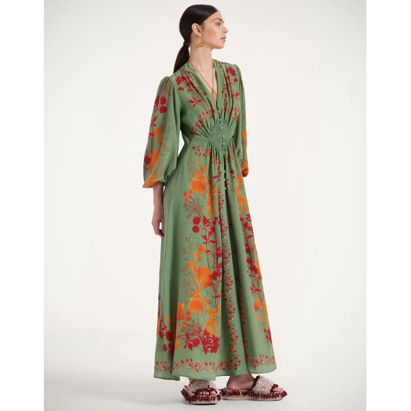 La DoubleJ Long Camerino Dress Woodland Placée Green & Orange in Crepe De Chine - Dresses - Milanese Maximalist Fashion at Coveti