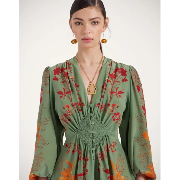 La DoubleJ Long Camerino Dress Woodland Placée Green & Orange in Crepe De Chine - Dresses - Milanese Maximalist Fashion at Coveti