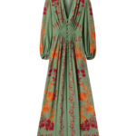 La DoubleJ Long Camerino Dress Woodland Placée Green & Orange in Crepe De Chine - Dresses - Milanese Maximalist Fashion at Coveti