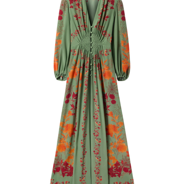 La DoubleJ Long Camerino Dress Woodland Placée Green & Orange in Crepe De Chine - Dresses - Milanese Maximalist Fashion at Coveti