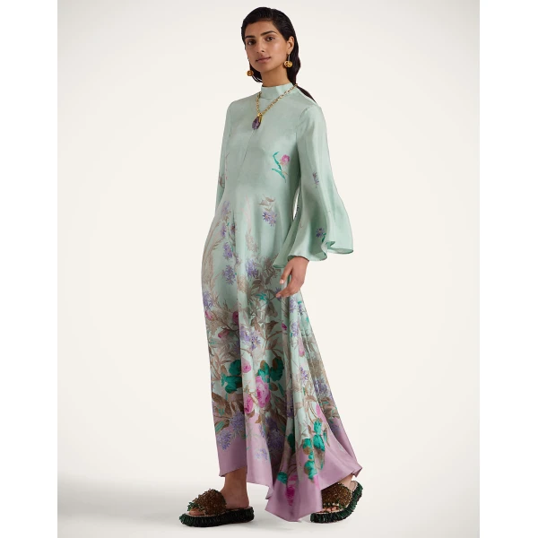 La DoubleJ Long Sleeve Swing Dress Queen Peony Placée Red in Sablé Satin - Dresses - Milanese Maximalist Fashion at Coveti