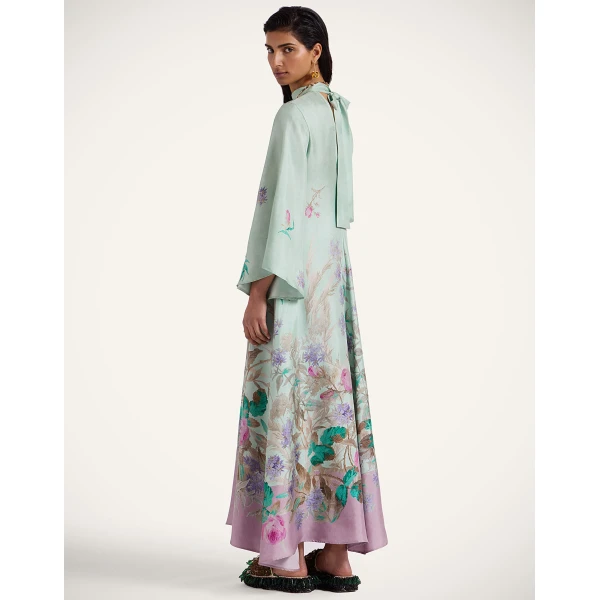 La DoubleJ Long Sleeve Swing Dress Queen Peony Placée Red in Sablé Satin - Dresses - Milanese Maximalist Fashion at Coveti