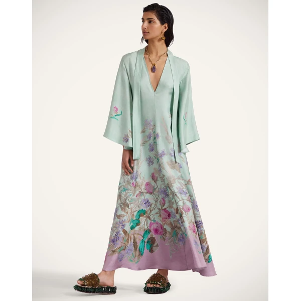 La DoubleJ Long Sleeve Swing Dress Queen Peony Placée Red in Sablé Satin - Dresses - Milanese Maximalist Fashion at Coveti