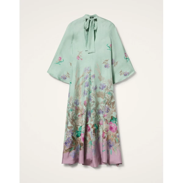 La DoubleJ Long Sleeve Swing Dress Queen Peony Placée Red in Sablé Satin - Dresses - Milanese Maximalist Fashion at Coveti
