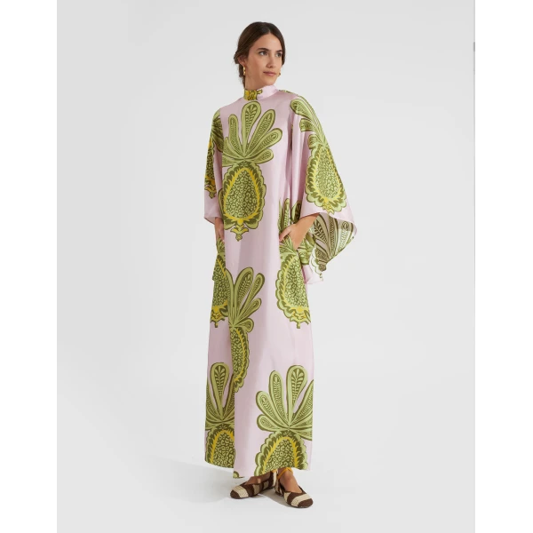 La DoubleJ Magnifico Dress Big Pineapple Pink in Twill Silk - Dresses - Milanese Maximalist Fashion at Coveti