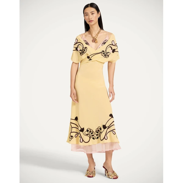 La DoubleJ Marlene Dress Honeysuckle Tricolor Placée Yellow in Crepe De Chine - Dresses - Milanese Maximalist Fashion at Coveti