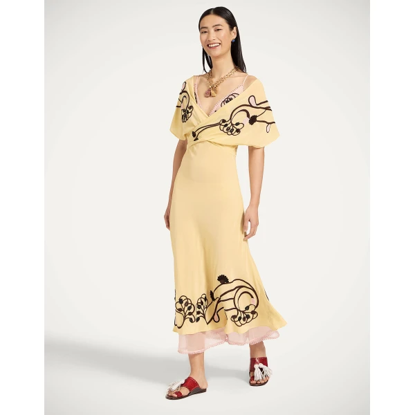 La DoubleJ Marlene Dress Honeysuckle Tricolor Placée Yellow in Crepe De Chine - Dresses - Milanese Maximalist Fashion at Coveti