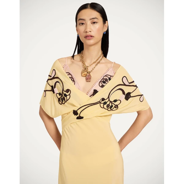 La DoubleJ Marlene Dress Honeysuckle Tricolor Placée Yellow in Crepe De Chine - Dresses - Milanese Maximalist Fashion at Coveti
