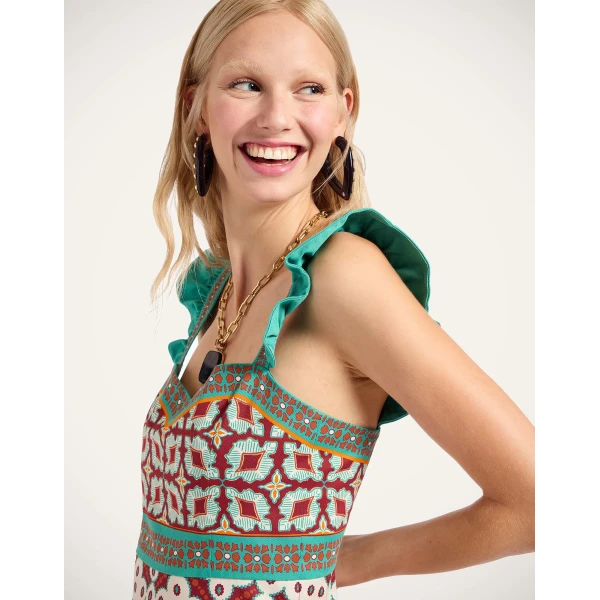 La DoubleJ Mini Gingerbread Dress Pagoda Placée Rust in Flat Cotton Stretch - Dresses - Milanese Maximalist Fashion at Coveti