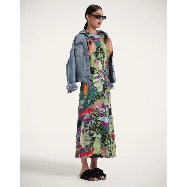 La DoubleJ Mini Swing Dress Blooming Tulip Placée Dark Green in Silk Twill with Feathers - Dresses - Milanese Maximalist Fashion at Coveti