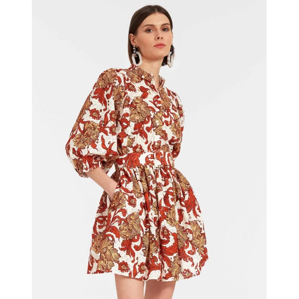 La DoubleJ Mini Swing Dress Florette Tiles Ecru in Cotton Mix Jacquard With Scallop - Dresses - Milanese Maximalist Fashion at Coveti